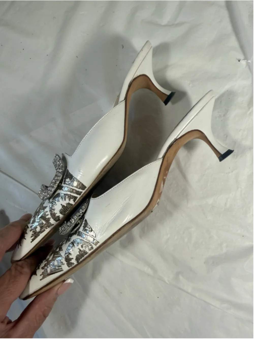 Manolo Blahnik Leather Mules White Graphic Print Crystals - Picture 9 of 14